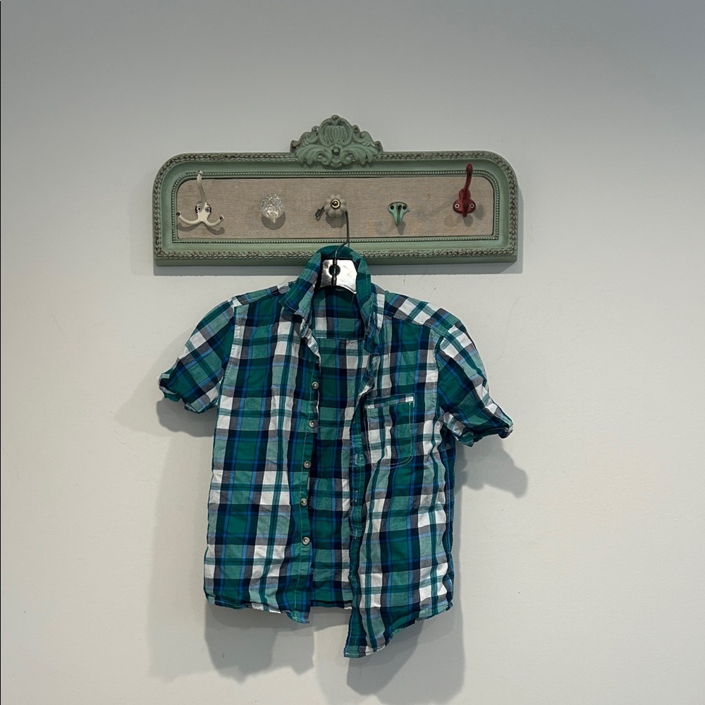 Dex Green and Blue Plaid Kids Button Down Shirt short sleeve medium